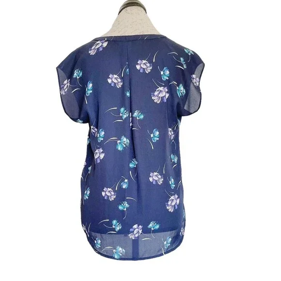 Banana Republic Womens Blouse Size XS Floral Artsy V Neckline Blue Office Wear - Picture 2 of 11